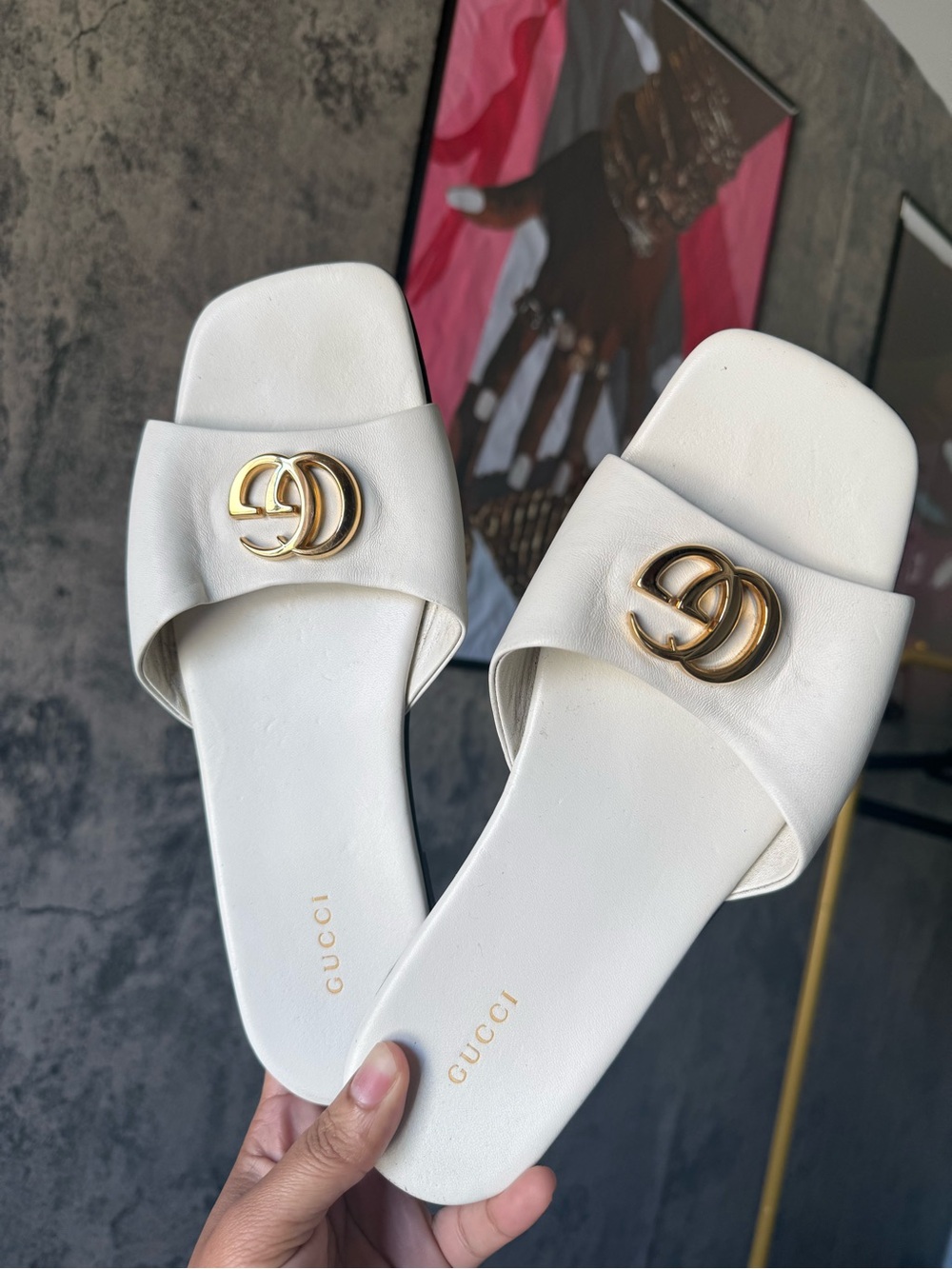 Gucci White Leather Slide Sandals with Gold Double G Accent